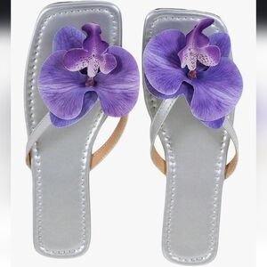 Chic Silver Sandals with Purple Orchid Detail